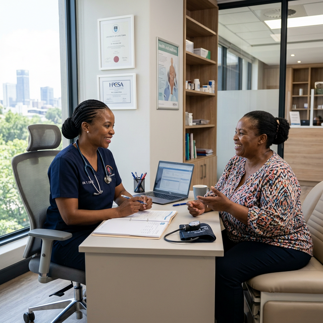 Professional Black South African doctor consulting with an obese patient in a modern clinical setting