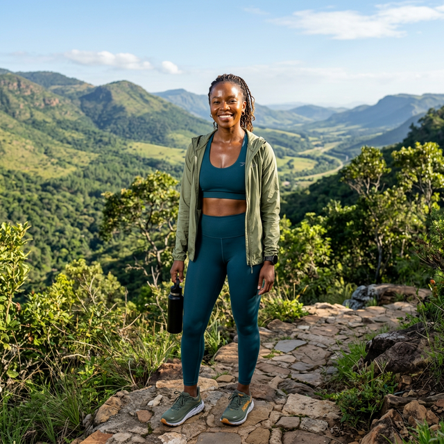 Confident Black South African woman in elegant activewear outdoors in Mbombela