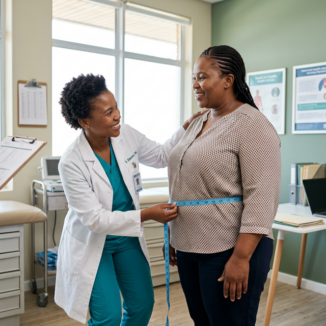 Black South African doctor taking measurements of an obese patient